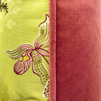Pink Orchid Embroidery on Green Jacquard Cushion, Reversible - 45x45cm
