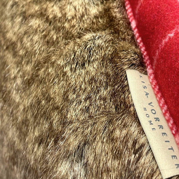 Brown Faux Fur Cushion backed & Framed with Checked Red Wool, Reversible - 40x40cm