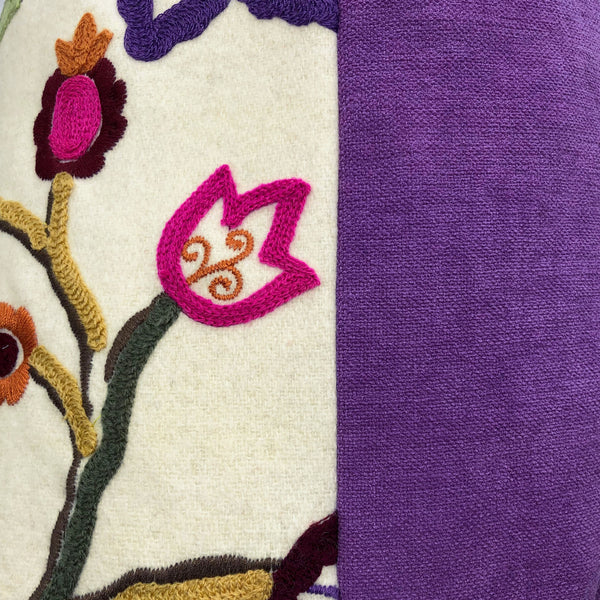 Multicoloured Floral Embroidery Soft Wool Felt Cushion, Purple Backed - 45x45cm