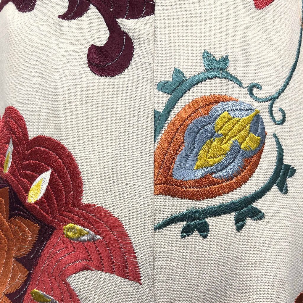 Multicoloured Large Floral Embroidery on Beige Linen Cushion - 60x60cm
