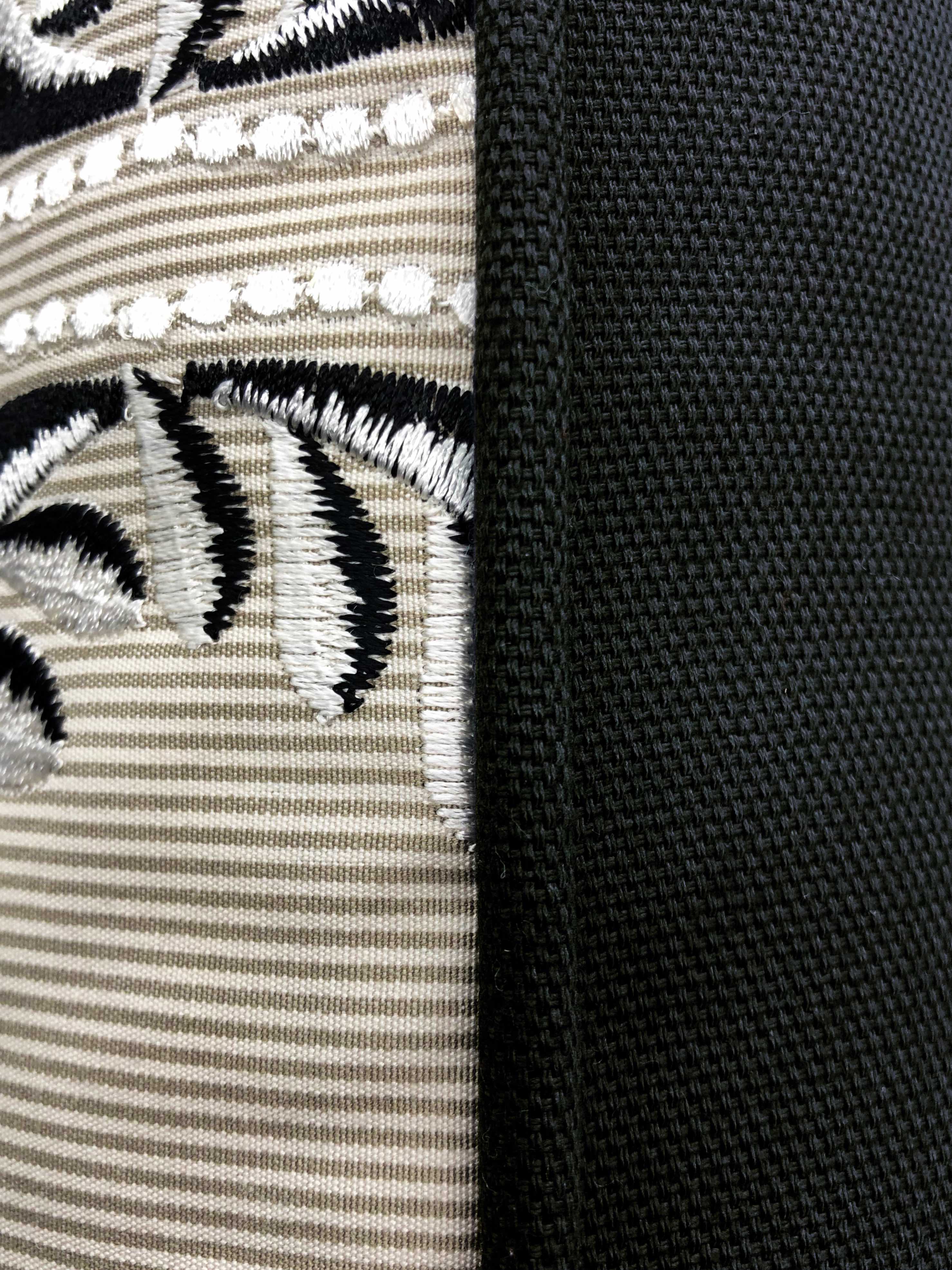 Black & White Embroidery on Beige Striped Cotton Cushion, Reversible - 40x60cm