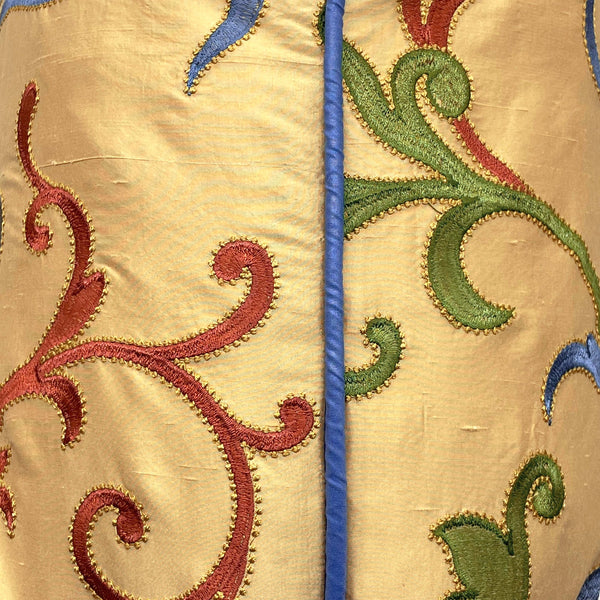 Golden Yellow 100% Silk Taffeta Multicoloured Embroidered Swirls Cushion - 60x60cm