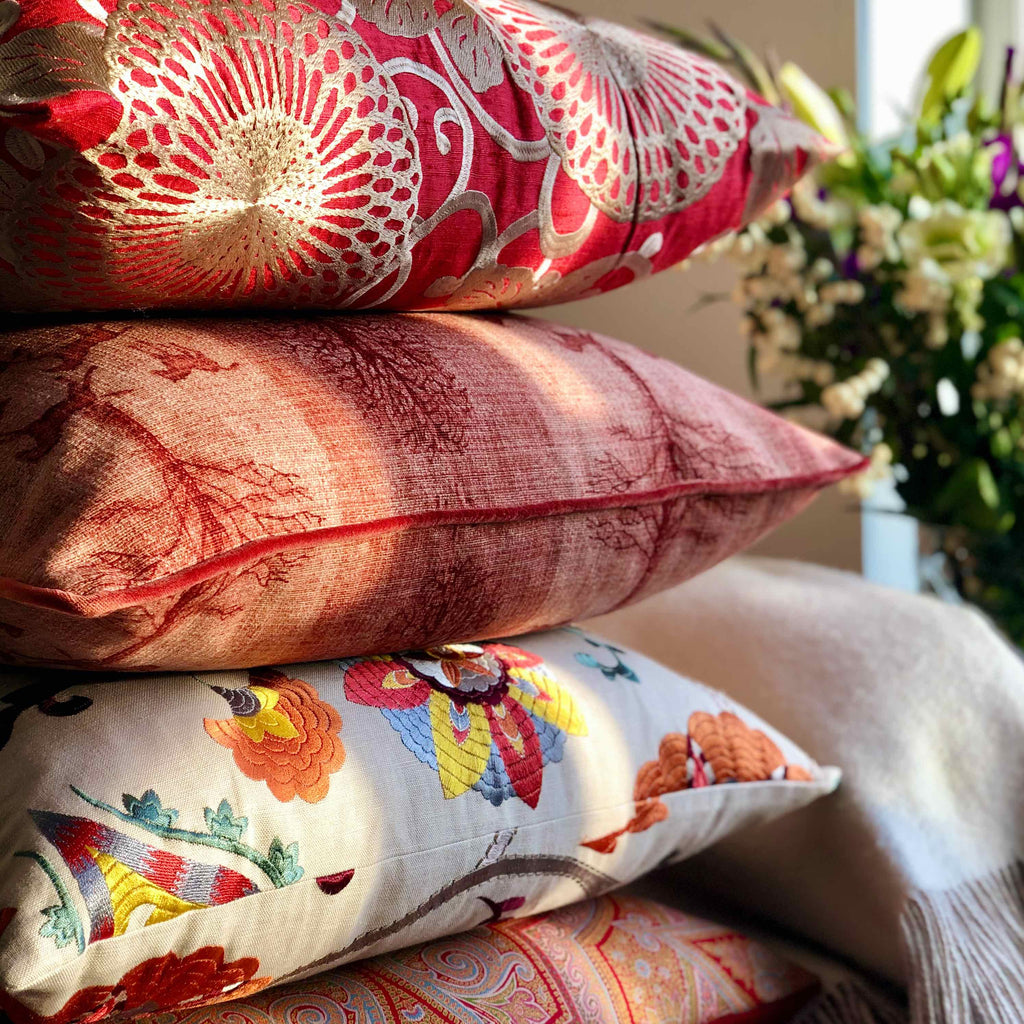 Multicoloured Large Floral Embroidery on Beige Linen Cushion - 60x60cm