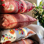 Multicoloured Large Floral Embroidery on Beige Linen Cushion - 60x60cm