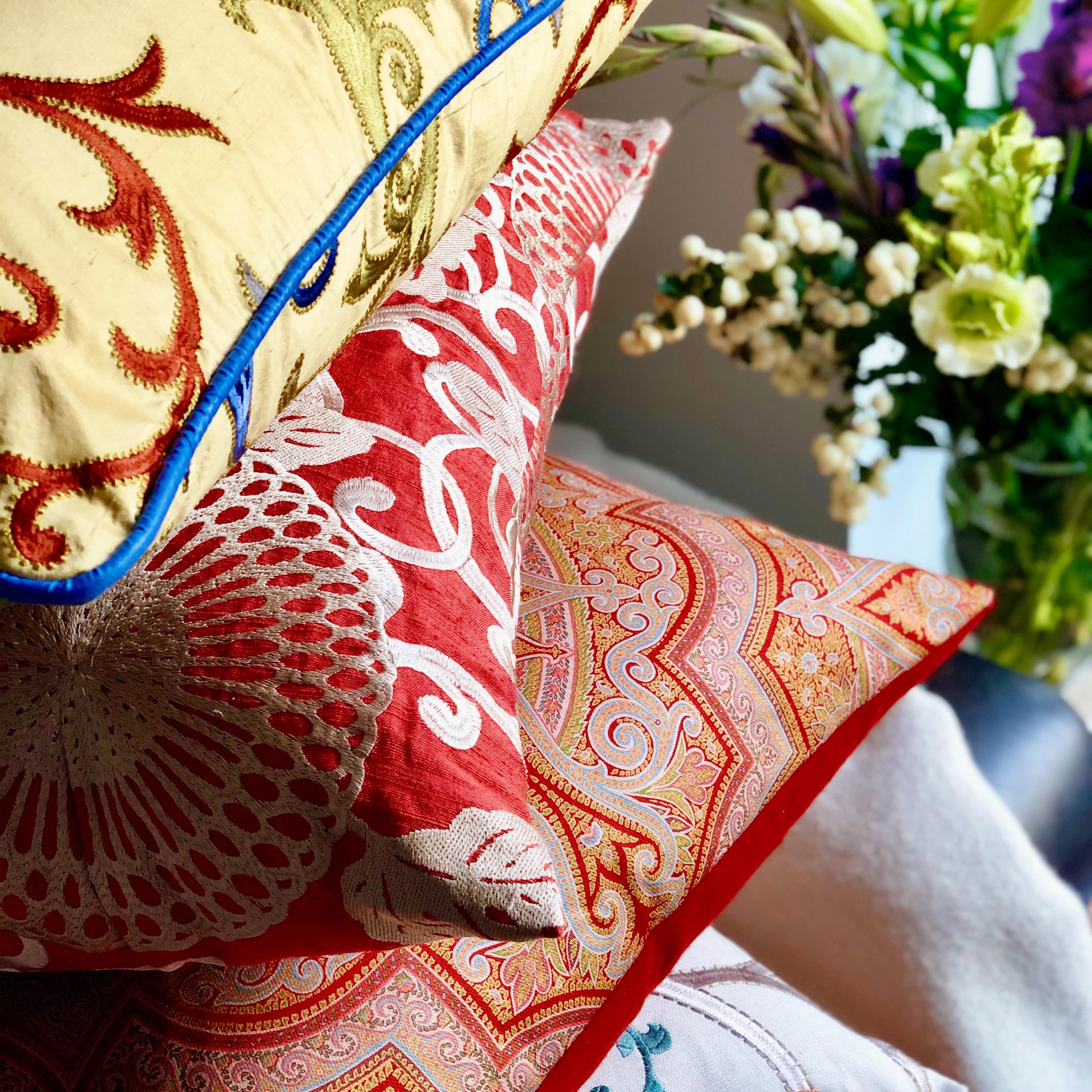 Large Red Linen Cushion with Cream/Gold Embroidery - 60x60cm