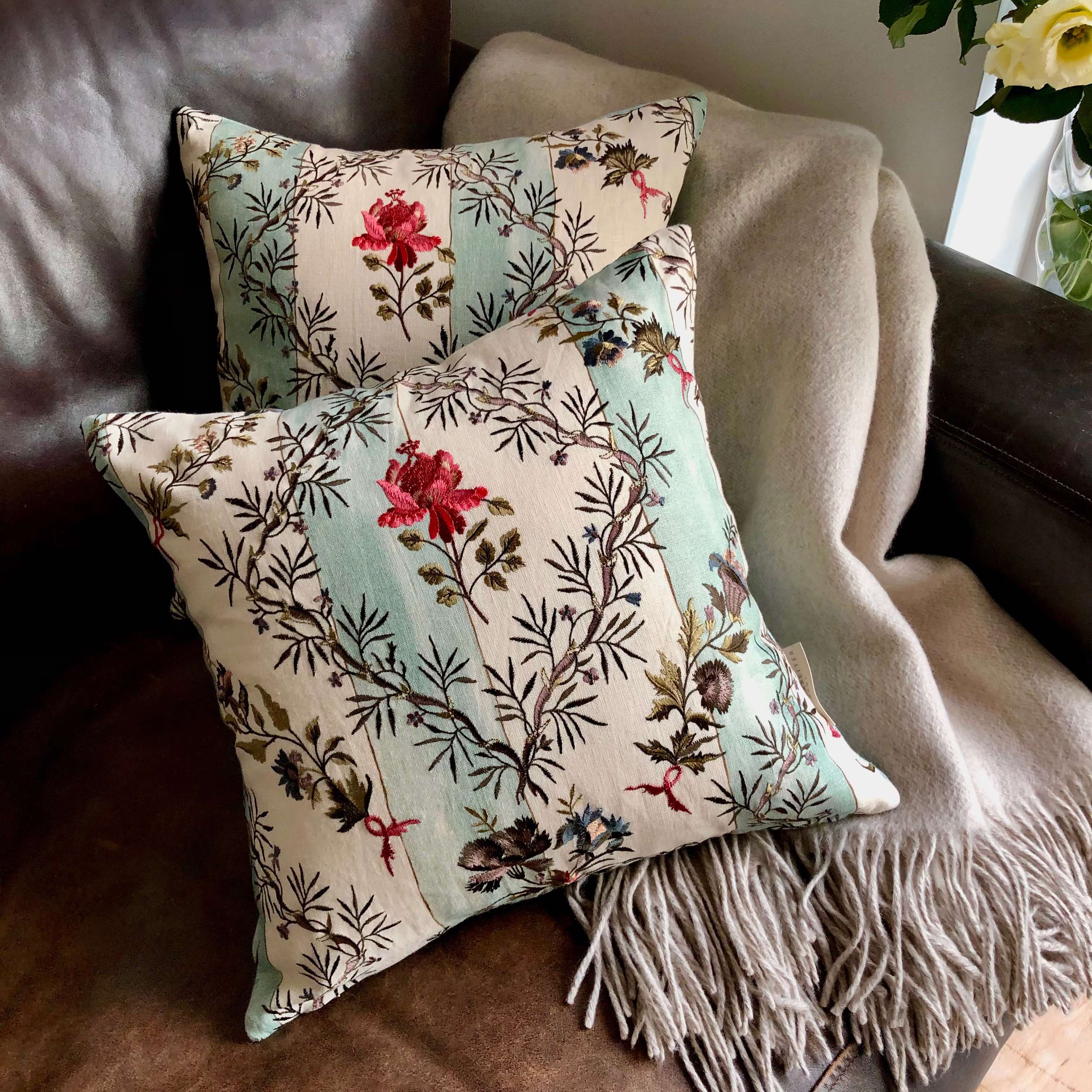 Floral Embroidered Striped Linen Cushion, Reversible - 40x40cm