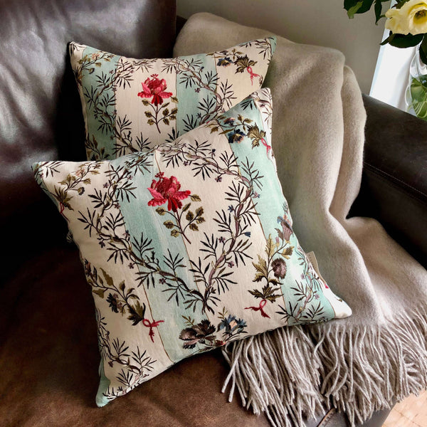 Floral Embroidered Striped Linen Cushion, Reversible - 40x40cm