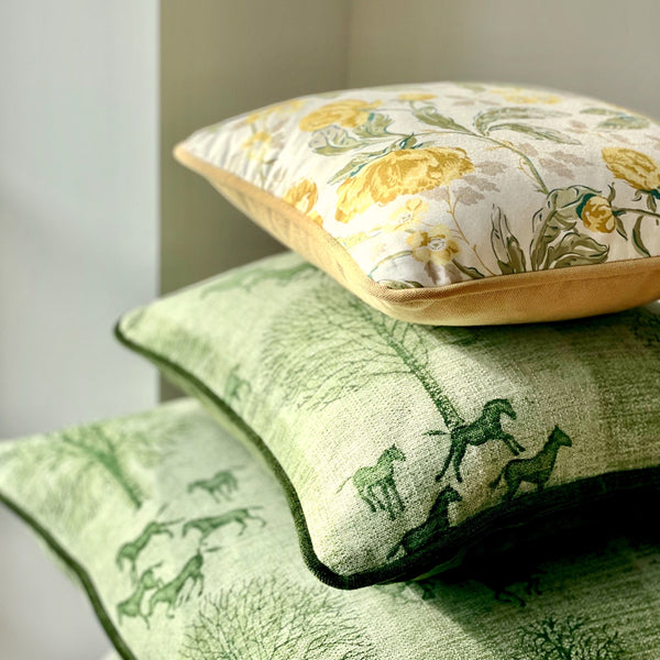 Yellow & Green Floral Printed Cushion, Reversible - 35x35cm