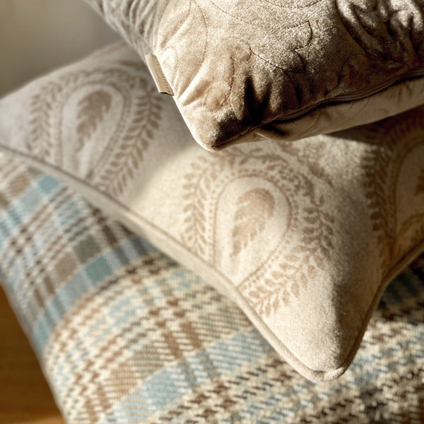 Beige Wool with Brown Paisley Print Cushion, Reversible - 45x45cm