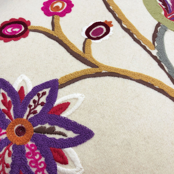 Multicoloured Floral Embroidery Soft Wool Felt Cushion, Purple Backed - 45x45cm