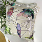 Multicoloured Bird Print on Cream Cotton Cushion, Reversible - 50x50cm