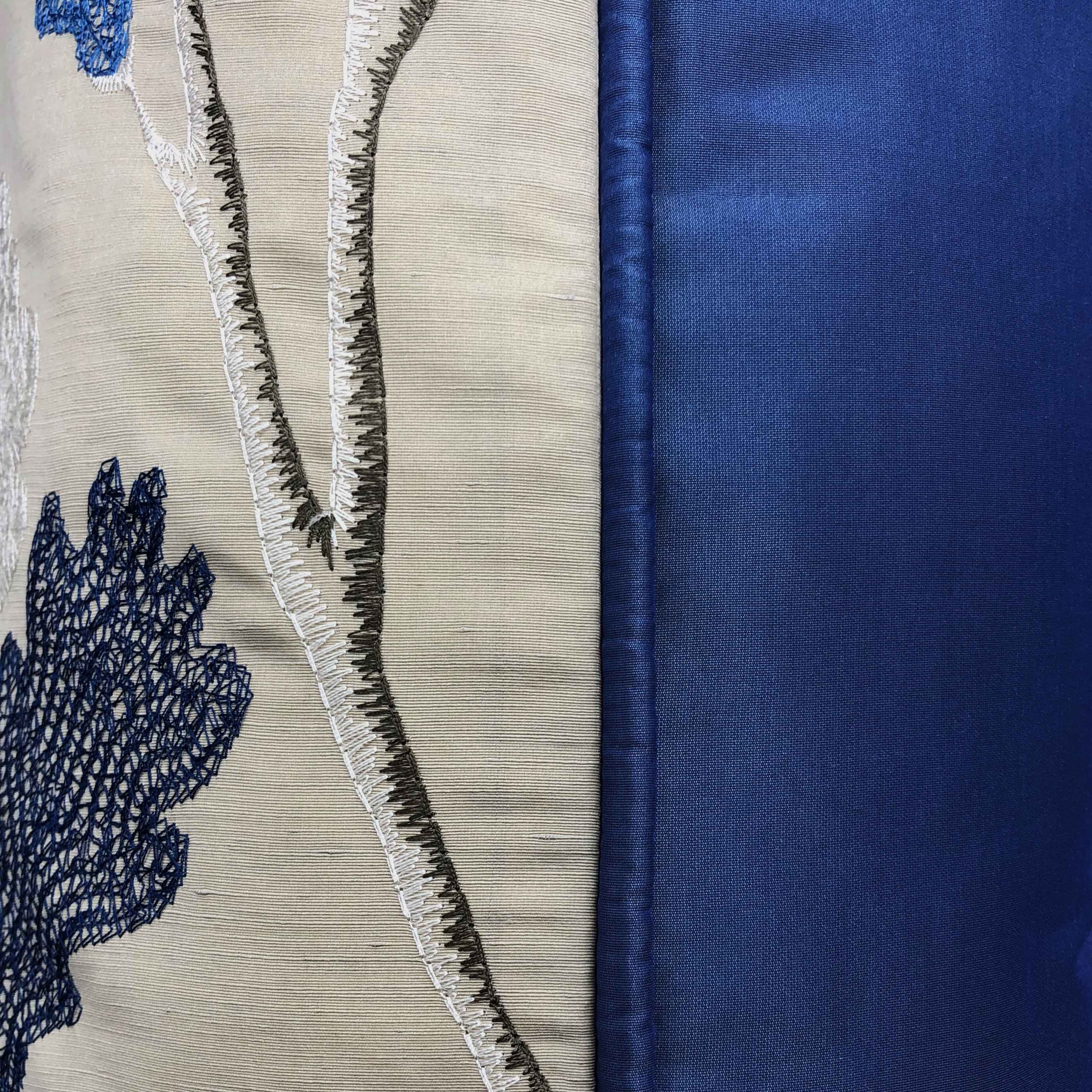 Blue & White Embroidered Acorn Tree on Beige Silk Cushion, Reversible, 60x60cm