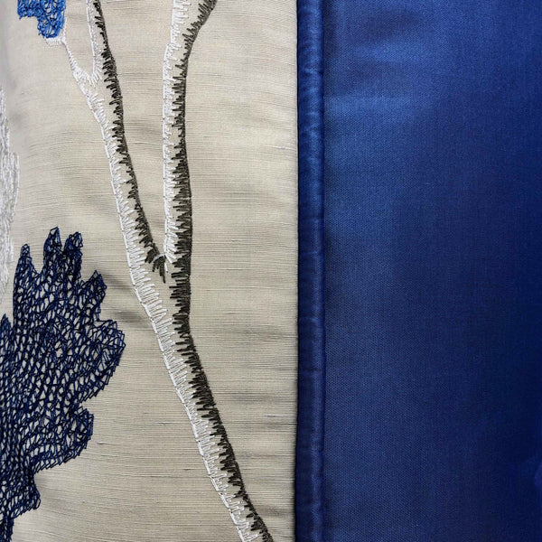 Blue & White Embroidered Acorn Tree on Beige Silk Cushion, Reversible, 60x60cm