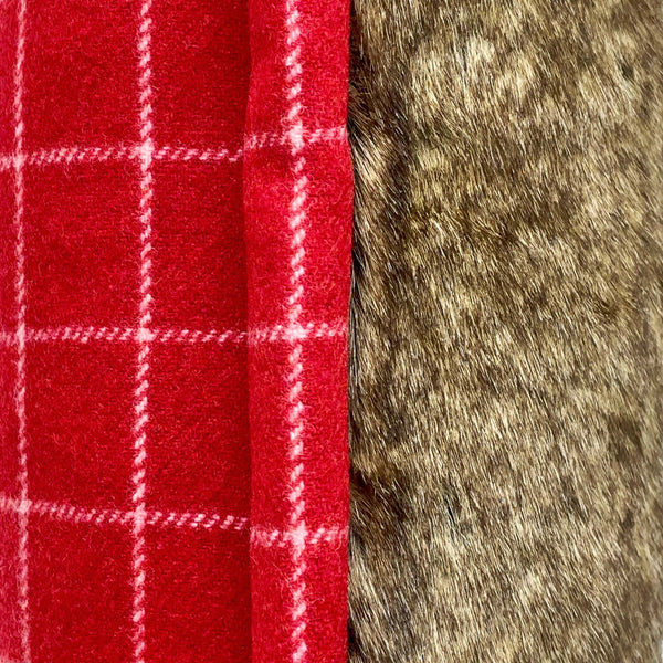 Brown Faux Fur Cushion backed & Framed with Checked Red Wool, Reversible - 40x40cm